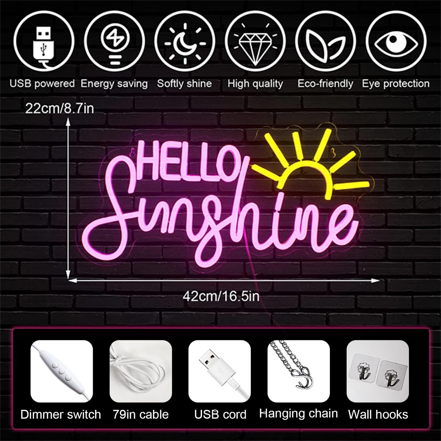 Horseneon Hello Sunshine Neon Led Sign Sun Neon Signs for Wall Decor Sunshine Neon Light Sign for Room Decor Man Cave Bedroom Livingroom Summer Windows