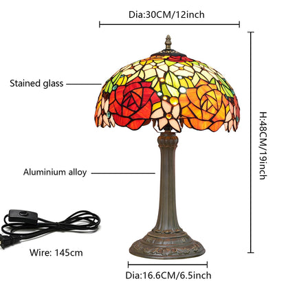 wecrejoni Tiffany Lamp Rose Flower Stained Glass Table Lamp 12X12X18 Inches Rose Style Desk Reading Light Decor Bedside Bedroom Living Room Home Festival Birthday Valentine's Day Christmas Gift
