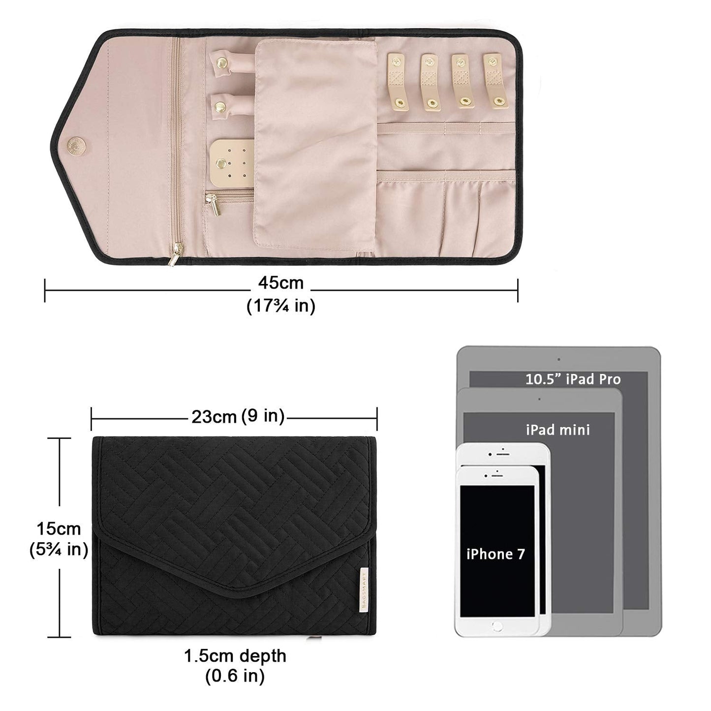 BAGSMART Travel Jewelry Organizer Roll Foldable Jewelry Case for Journey-Rings, Necklaces, Bracelets, Earrings, Black