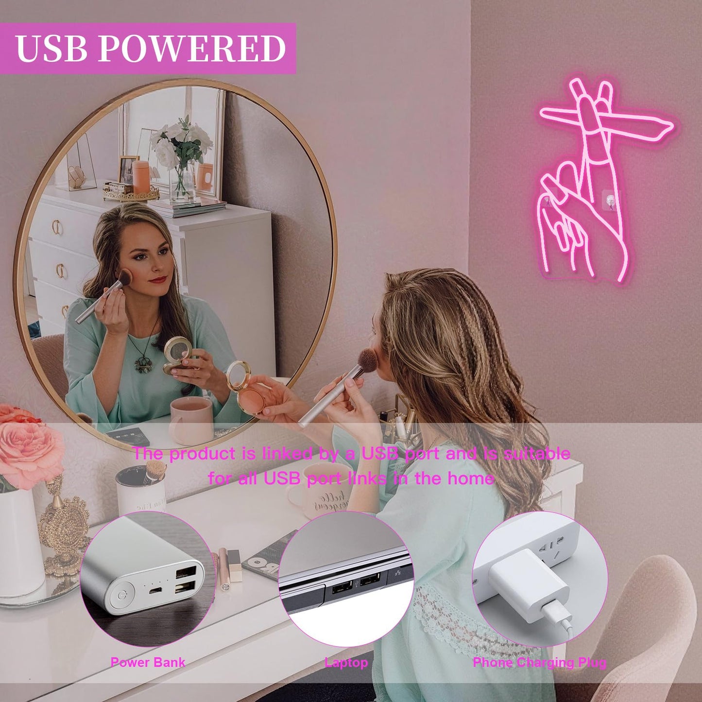 WLHOPE Pink Led Hand Neon Sign for Wall Decor Gesture USB Nail Hand Man Cave Neon Light Sign for Bedroom Home Bar Girls Room Nail Room Salon Party Decor Gift for Women