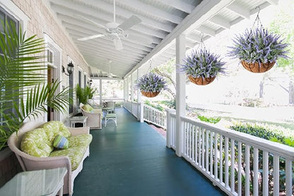 Ivydale Artificial Faux Outdoor Hanging Flowers Plants Basket for Porch Spring Decoration, 12 Bundlies Fake UV Resistant Lavender with Coconut Lining Baskets for Home Patio Balcony Yard