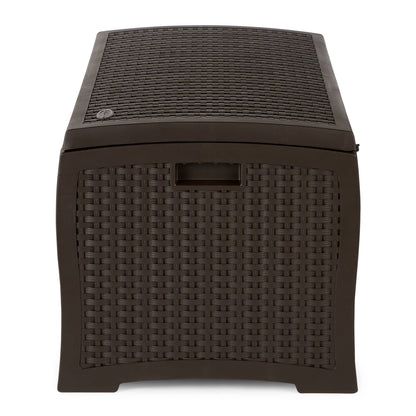 Suncast 73-Gallon Medium Deck Box - Lightweight Resin Indoor/Outdoor Storage Container and Seat for Patio Cushions and Gardening Tools - Store Items on Garage, Yard - Mocha Brown