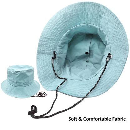 woogwin Waterproof Bucket Rain Hat with Chin Strap Quick Dry Packable Boonie Sun Hat Safari Hat UV Protection(Light Blue), Medium-X-Large