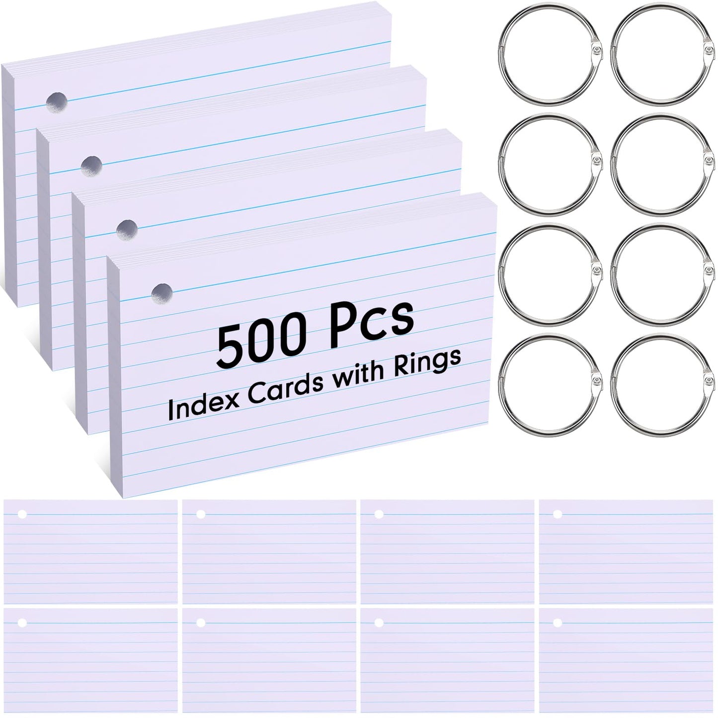 Yexiya 500 Pcs Index Cards with Rings Study Supplies Punched Lined Flash Cards with Holes Ruled Single Hole Notes and Metal Rings for Adults Office(3 x 5 Inch,White)