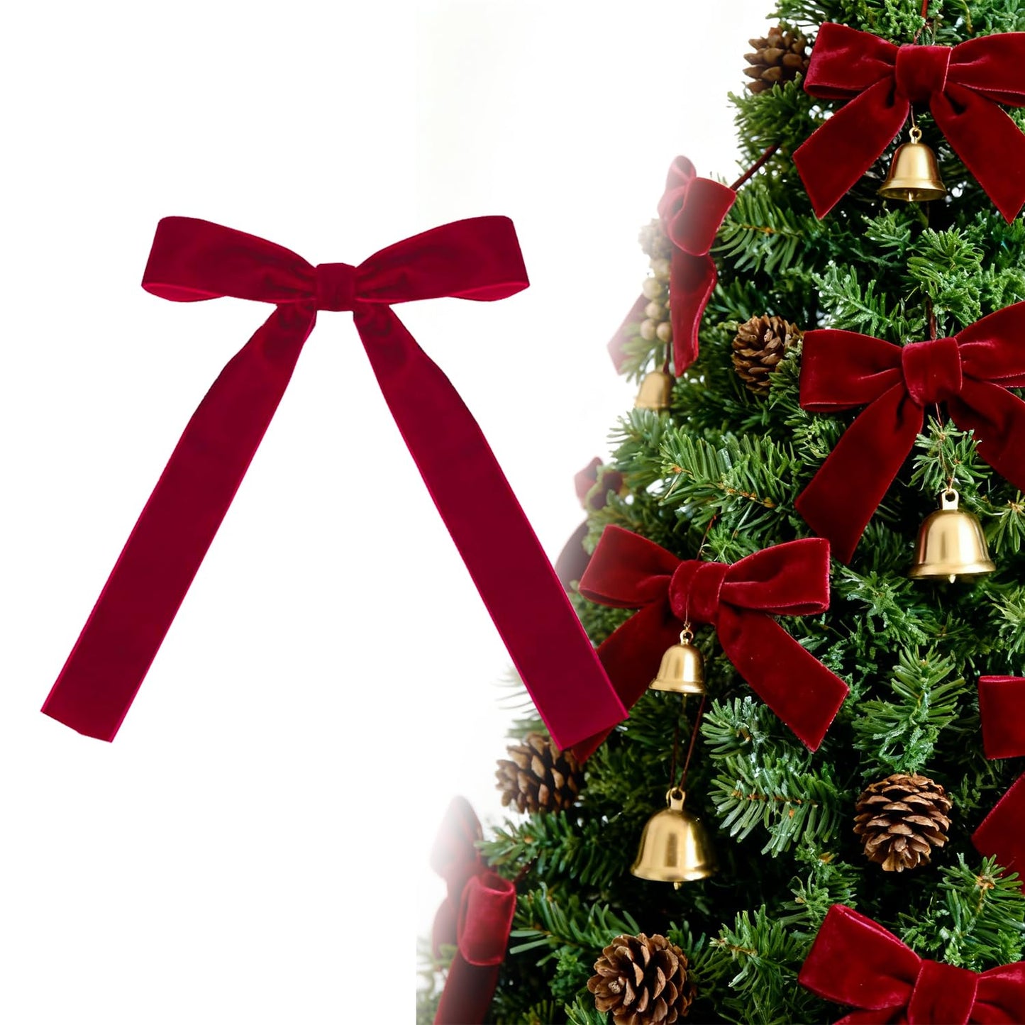 24 PCS Red Velvet Bows for Christmas Tree, Red Velvet Bows with Gold Ties, for Christmas Tree Party Front Door Wreath Holiday Indoor Inside Decor