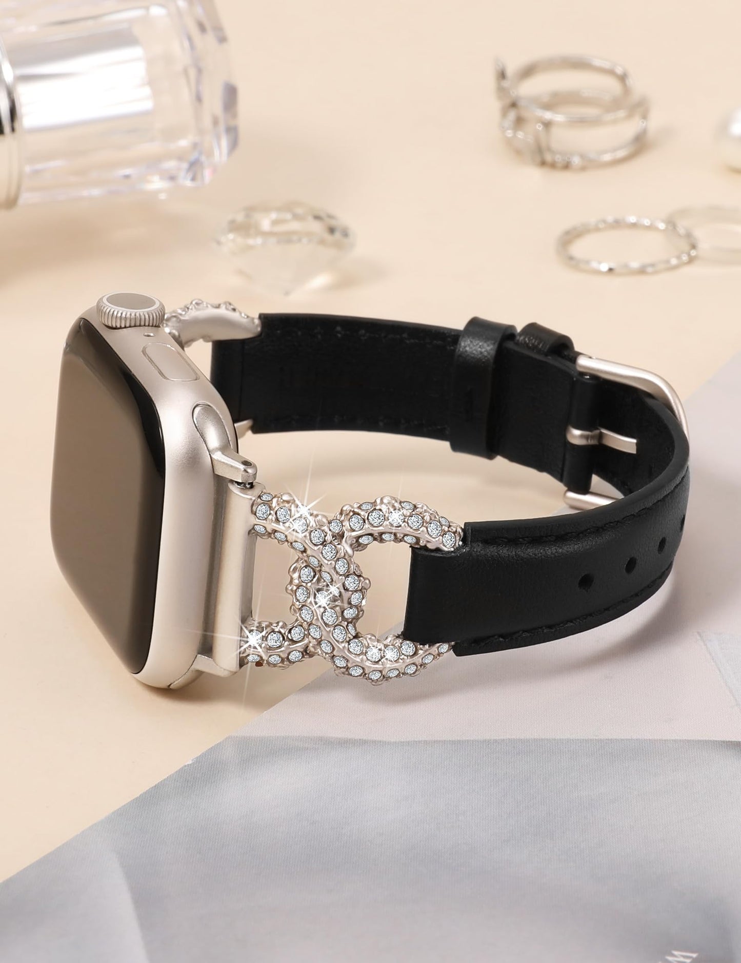 TOYOUTHS Leather Band Compatible with Apple Watch Bands Women 38/40/41/42mm Dressy Designer Diamond Interlock Buckle Thin Leather Strap for iWatch Series 11 10 9 8 7 6 5 4 SE 3 2 1, Black/Starlight