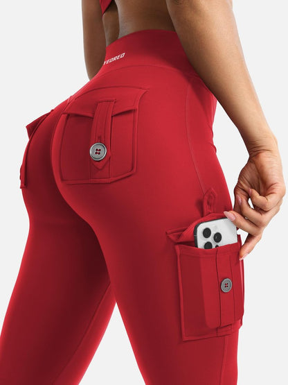 YEOREO CoreFlex Women Workout Flare Leggings with Pockets Scrunch Cargo Gym Yoga Leggings 28" Inseam Red XL