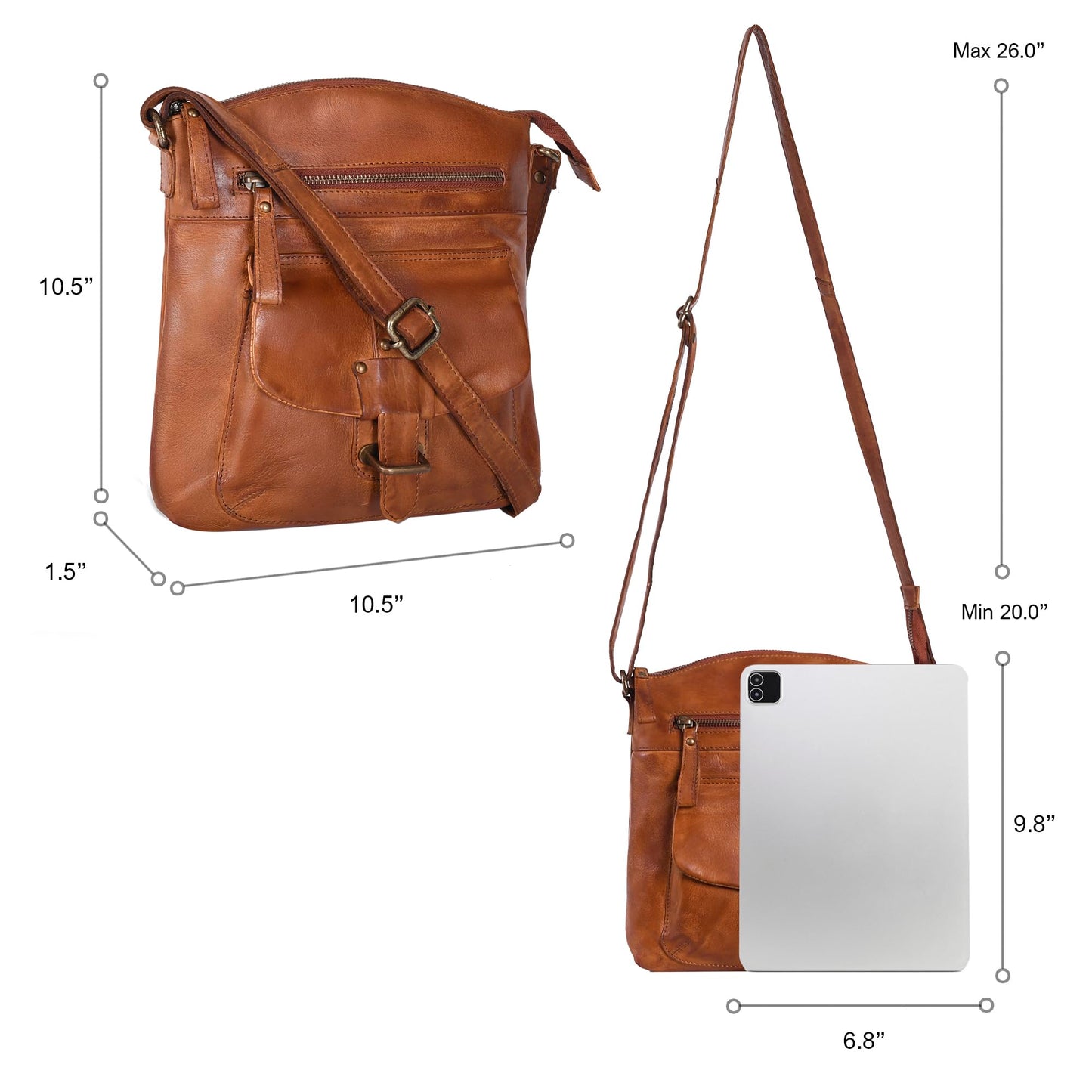 Oak Leathers Leather Crossbody Bag For Women With Adjustable Sling Strap - Medium Size Crossover Shoulder Handbag Purse (Tan Wash)