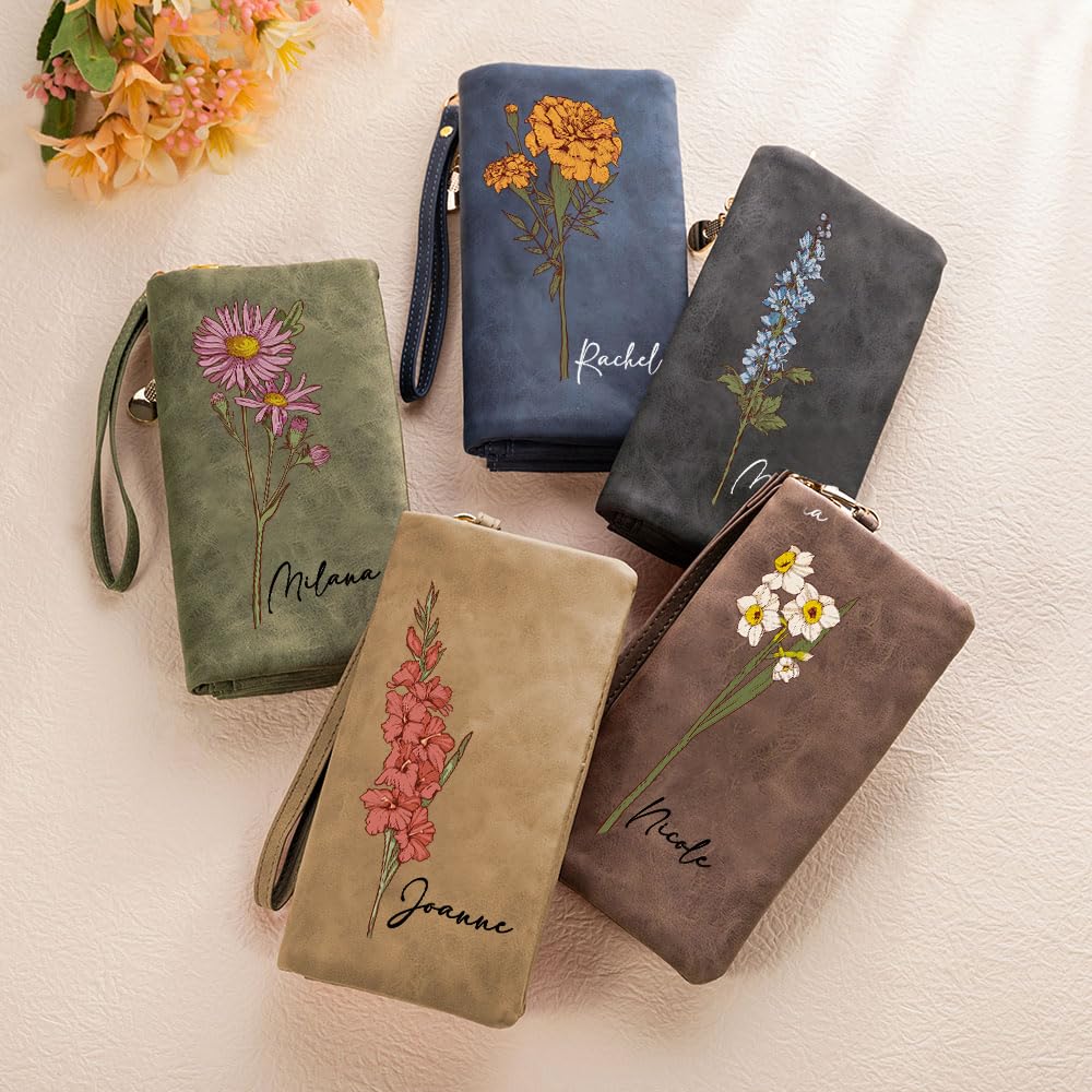 CALLIE Personalized Wristlet Wallet for Women | Custom Name PU Leather Card Holder Wristlet | Birthday Anniversary Valentines Gift for Her (Watercolor Birth Flower)