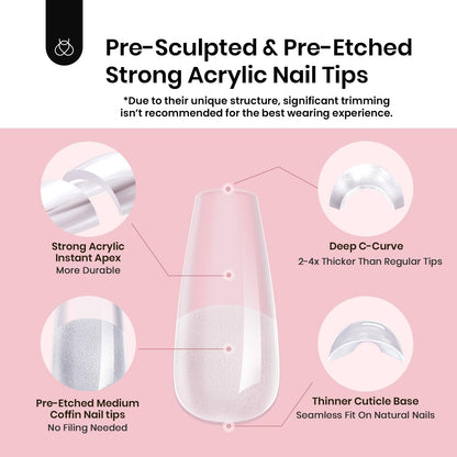 Beetles Tipex Gel Nail Kit, Medium Almond Nail Tips 224 Pcs 16 Sizes Pre-Building Pre-Etched Thick Acrylic Tips with Tipex Glue, Mini Lamp