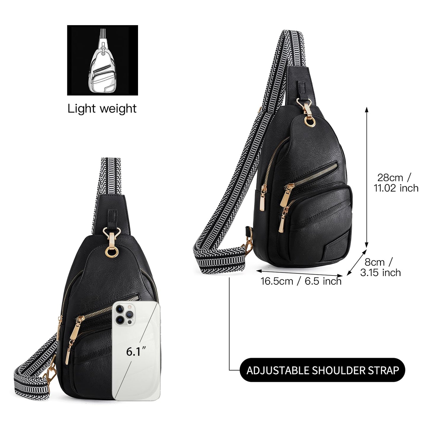 GOIACII Sling Bag for Women Anti Theft Cossbody Purse for Travel Fanny Packs Leather Black