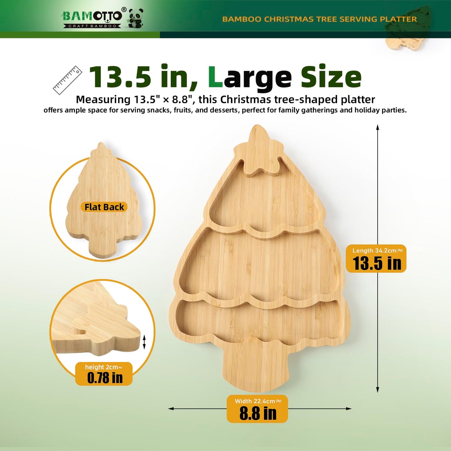 BAMOTTO CRAFTBAMBOO Bamboo Christmas Tree Serving Platter - 13.5"x8.8" Large Kids Snack Plate, Food Safe Charcuterie Board for Christmas Thanksgiving, Divided Tray for Fruit, Dessert, Baby Food