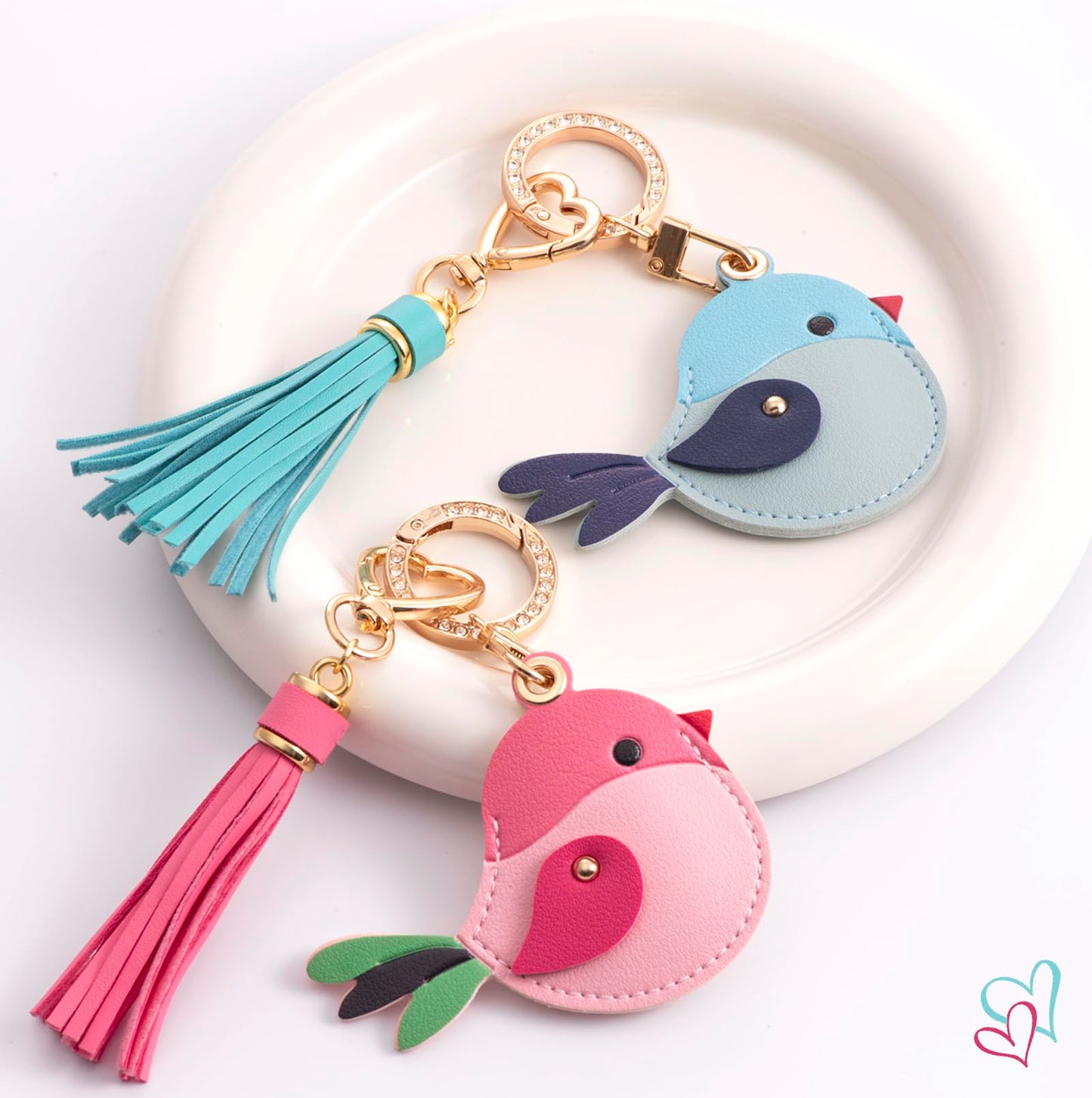YOU WIZV Airtag Keychain Cute Bag Charms 2pc,Pink Leather Bird Purse Charms with Tassel Keychains, Couple Funny Car Key Chain Accessories