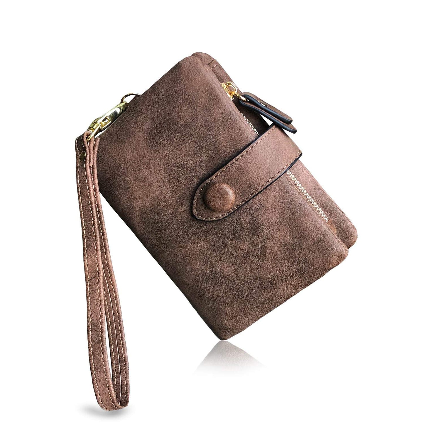 PofeeXIO Womens Small Bifold Leather Wallets Rfid Ladies Wristlet with Card slots id window Zipper Coin Purse (Brown)