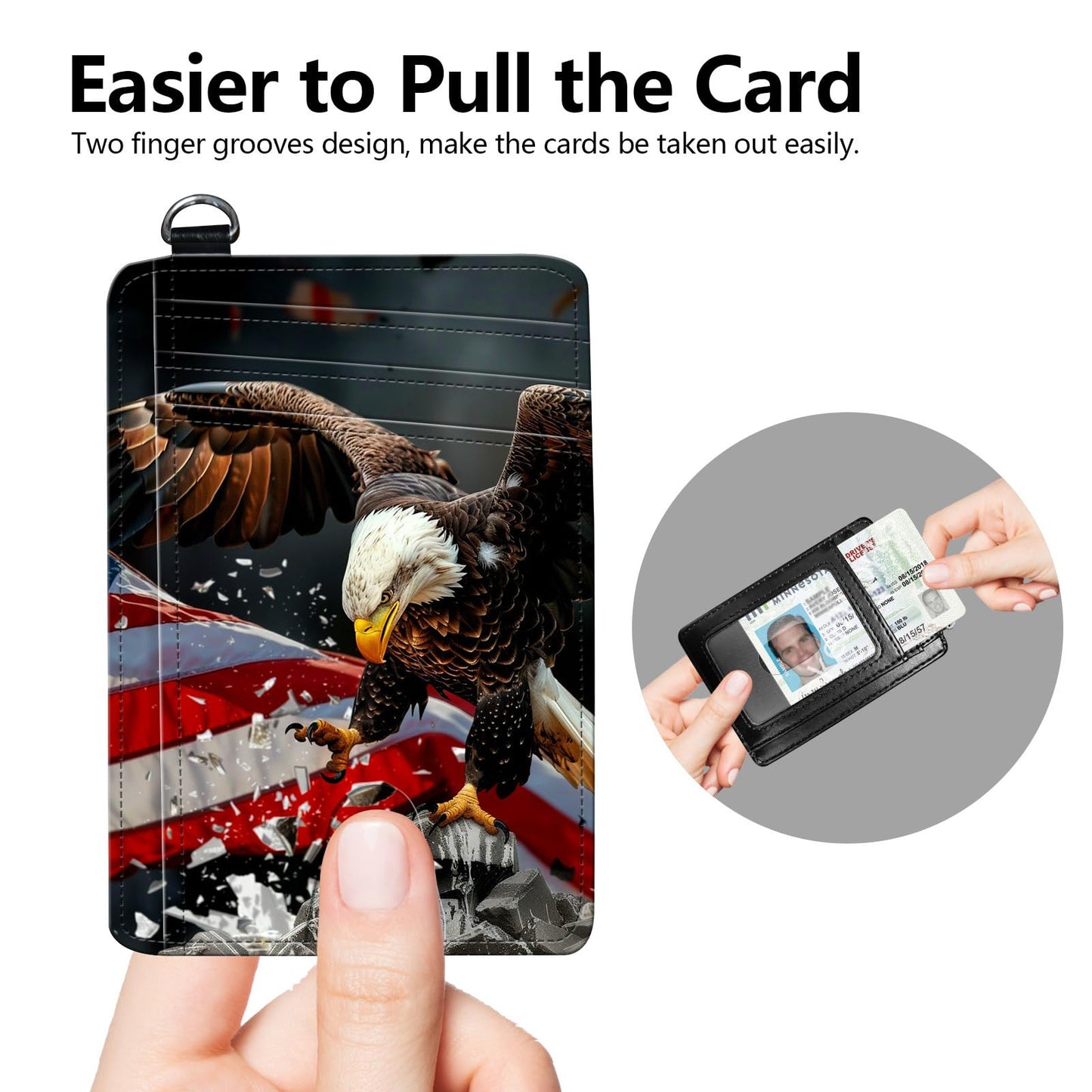 BREIDMKFM Credit Card Holder Slim Wallet,RFID Wallet Women Front Pocket Small Card Holder Travel Cute Thin Minimalist Card Case Leather Flat Wallet with ID Window&Wrist Strap,American Flag Eagle