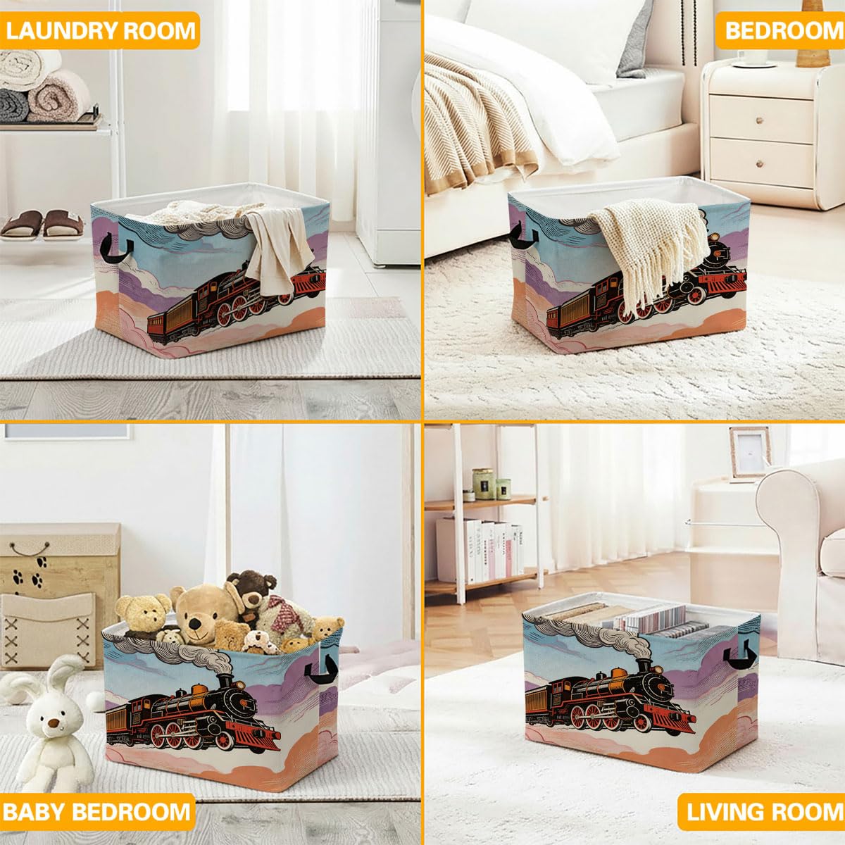 Train Laundry Hamper with Handles,Large 56L Foldable Square Clothes Basket Multi‑Use Blanket Storage Bins for Organizing Books,Toys,Gifts,Room Decoration,Laundry Room,Dorm Nursery