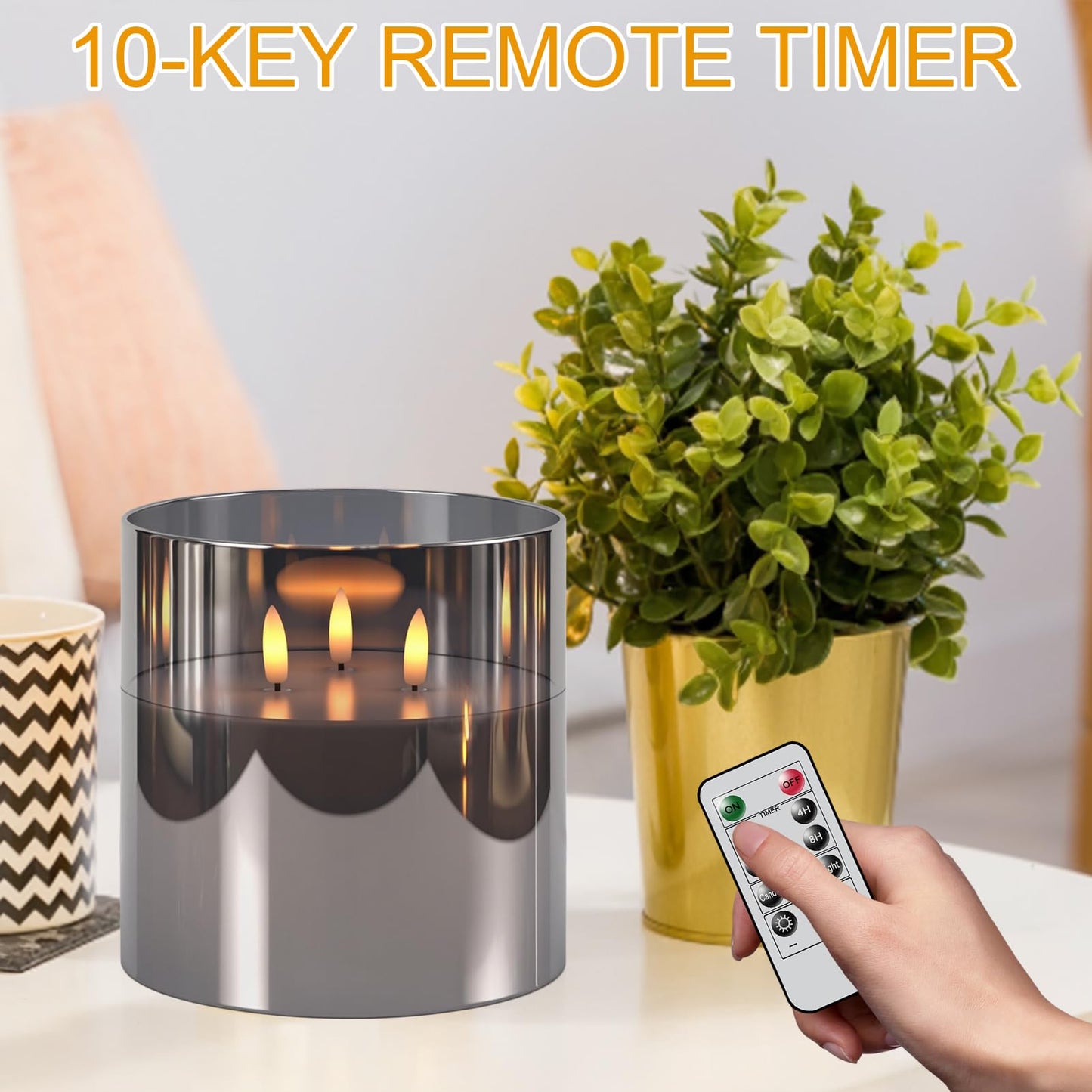 GenSwin 3 Wick Glass Flameless Candles with Remote Timer, Set of 1 Large LED Flickering Candle Battery Operated with 3D Flame, Large Pillar Candle for Halloween Christmas Home Decor(Black, D6”xH6”)