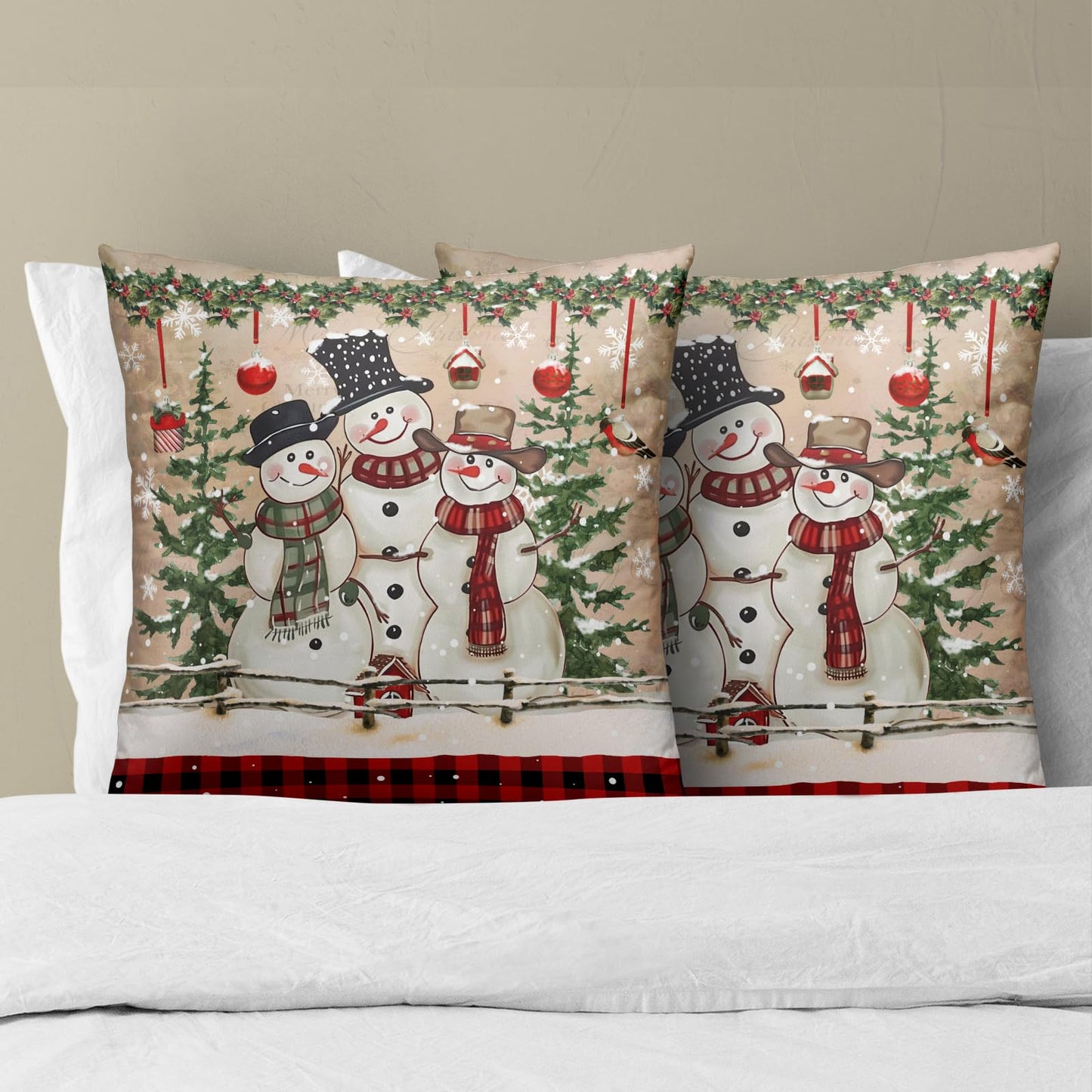 Giwawa Winter Snowman Throw Pillow Covers 18x18 Inch Set of 2 Red Buffalo Plaid Cushion Cover Accent Pillow Protector for Home Sofa Bedroom Decor