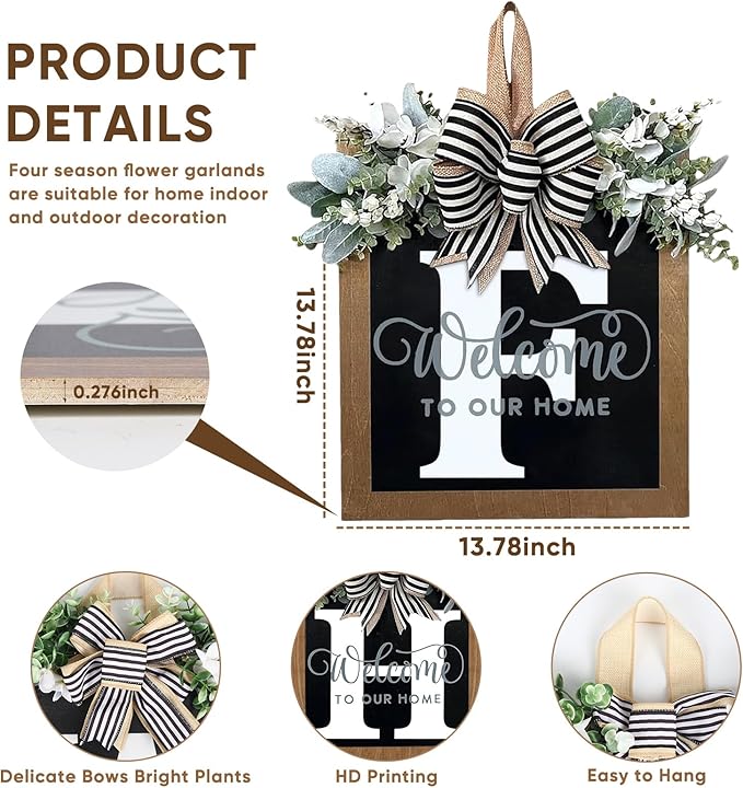 Ultra Large 14'' Last Name All Year Round Front Door Wreath with 26 Initial Letter Welcome Sign All Seasons Eucalyptus Garland and Bow Wreaths for Front Door Porch Farmhouse Decoration (F)