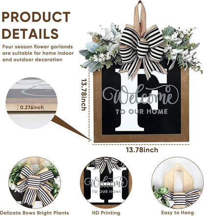 Ultra Large 14'' Last Name All Year Round Front Door Wreath with 26 Initial Letter Welcome Sign All Seasons Eucalyptus Garland and Bow Wreaths for Front Door Porch Farmhouse Decoration (F)