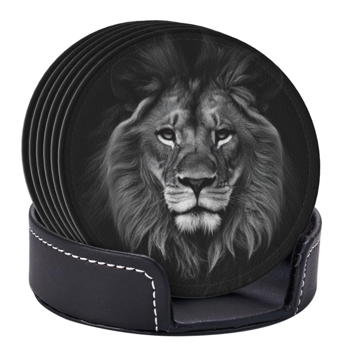 Famame 6 Pcs 3D Black Lion Leather Coasters for Drinks with Holder Coaster Sets Drink Table Cup Coasters for Living Room Kitchen Coffee Decor