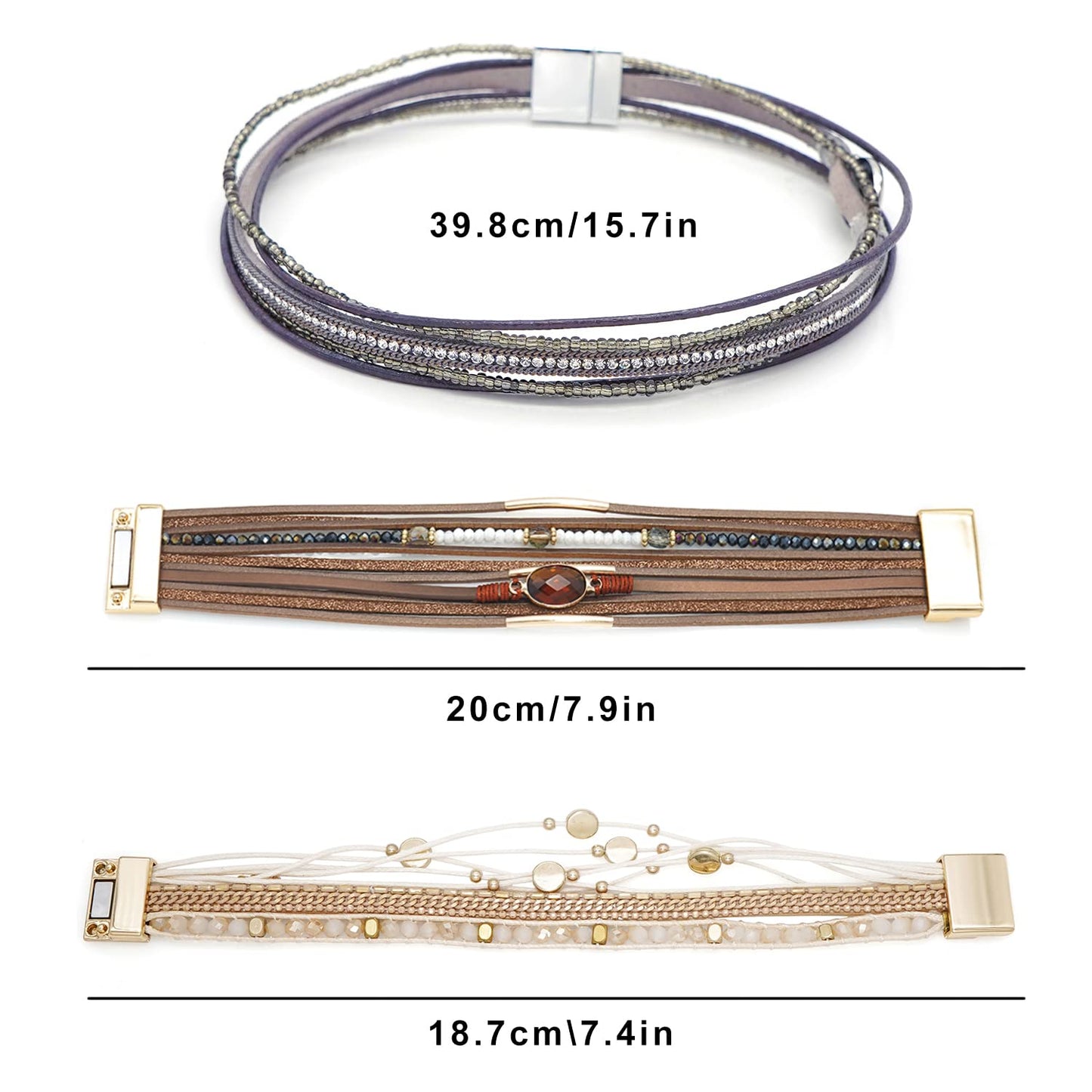 Wovanoo Leather Wrap Bracelet Set 3Pack Leather Cuff Bracelet for Women Multilayer Magnetic Clasp Bracelet Three Crystal