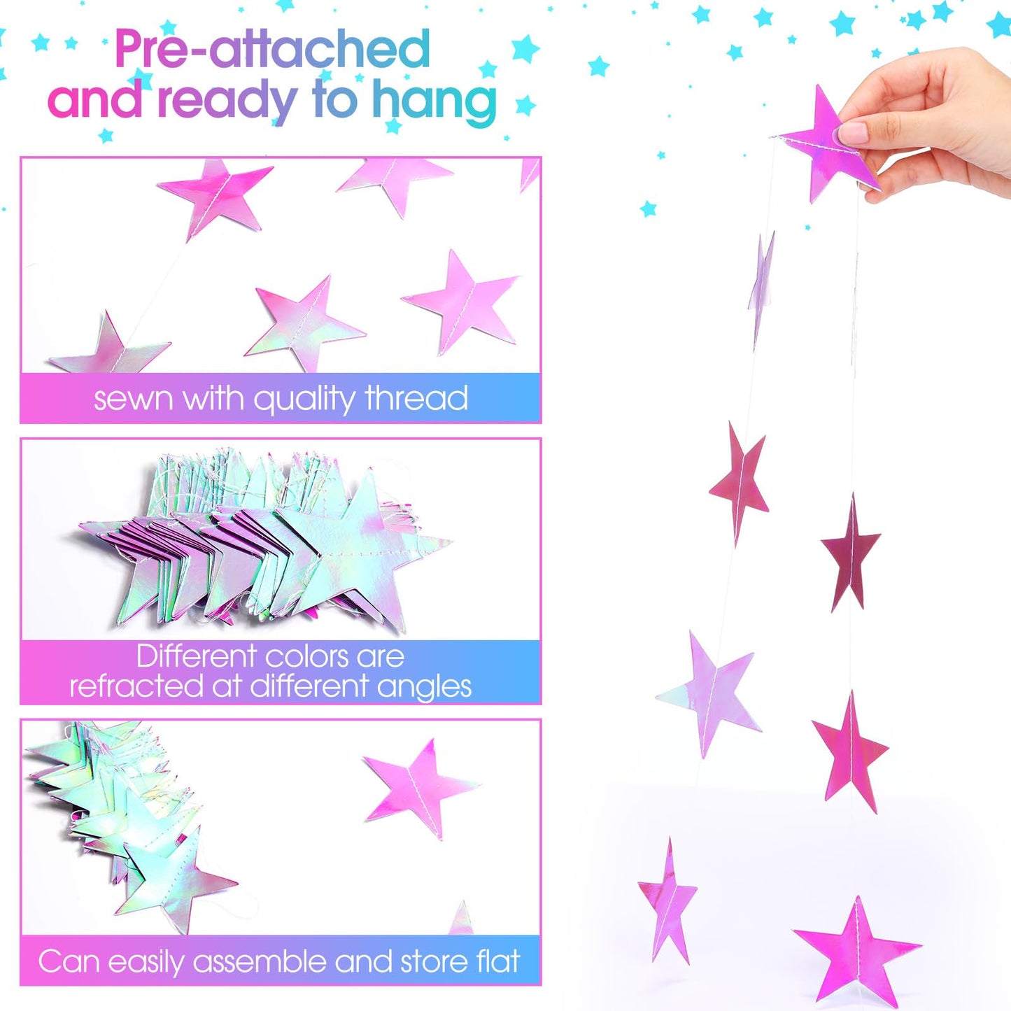 Patelai Glitter Star Garland Banner 2026 Graduation Decor 130 Feet Star Hanging Banner Twinkle Backdrop for Party Birthday Classroom Wedding Supplies(Iridescent Purple)