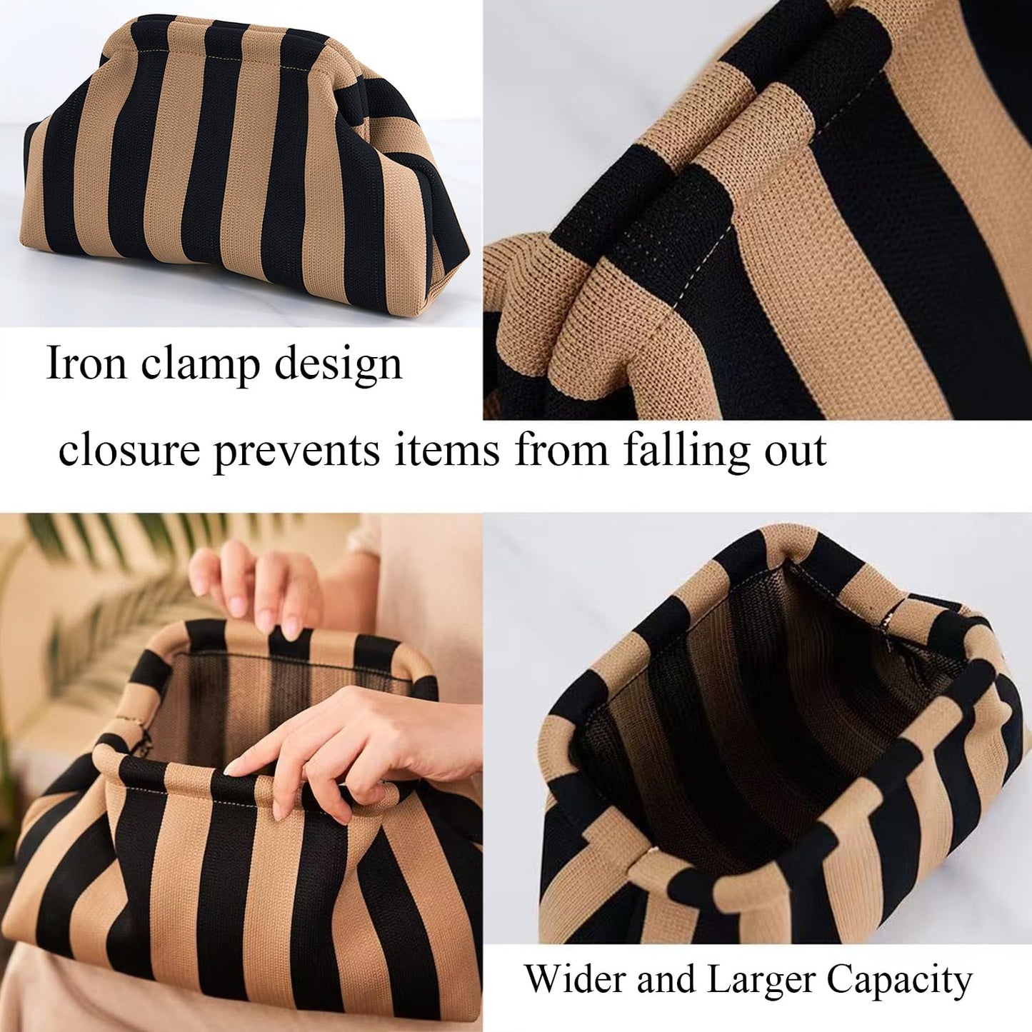 Vpoofree Clutch Purses for Women,Woven Clutch with Leather Pocket Bag,Woven Crochet Dumpling Striped Cloud Handbag Evening Bag Summer (Black-brown Stripe Woven Clutch Purses)