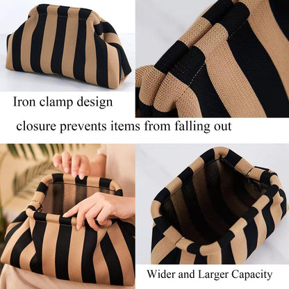 Vpoofree Clutch Purses for Women,Woven Clutch with Leather Pocket Bag,Woven Crochet Dumpling Striped Cloud Handbag Evening Bag Summer (Black-brown Stripe Woven Clutch Purses)