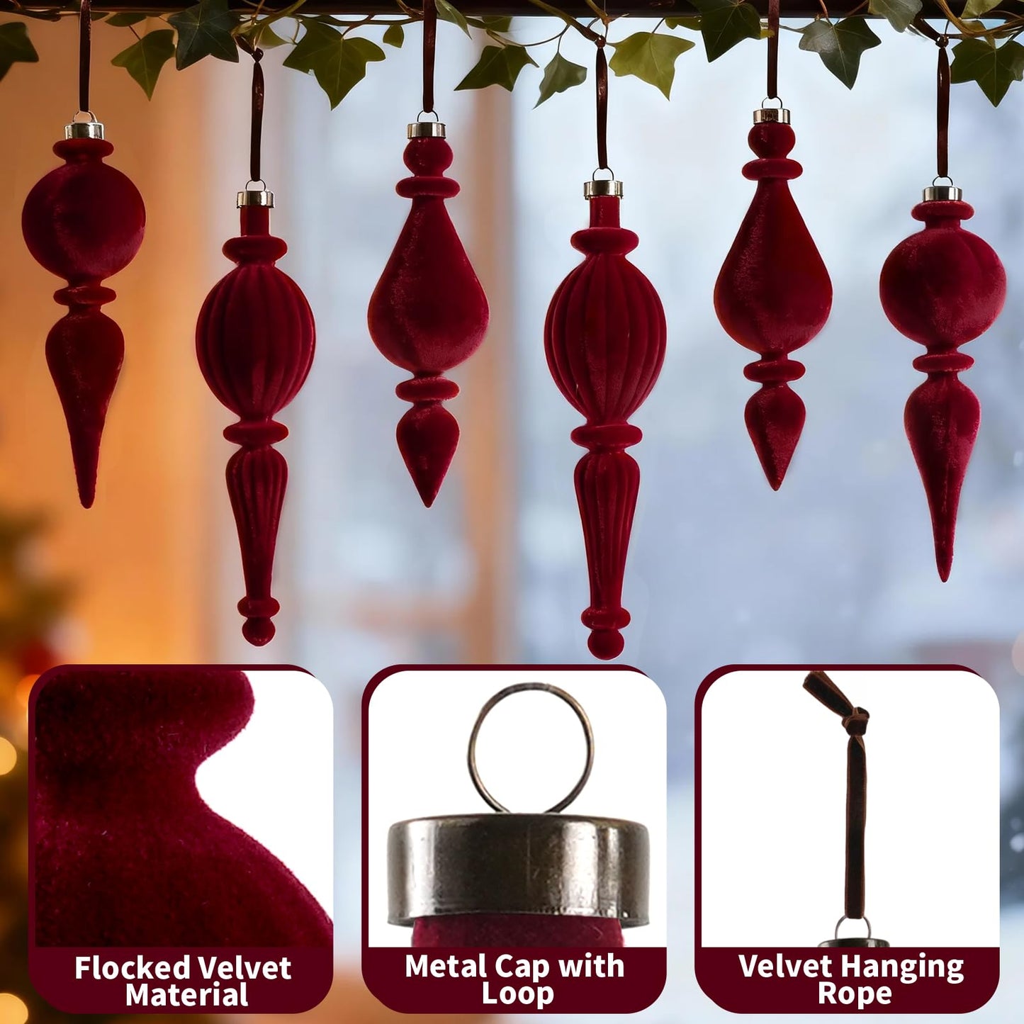 6 Pcs Wine Red Velvet Finial Christmas Tree Ornaments - Christmas Burgundy Velvet Pendants Shatterproof Flocked Hanging Ornaments Decorations for Xmas Tree Winter Holiday Wedding Party Decor