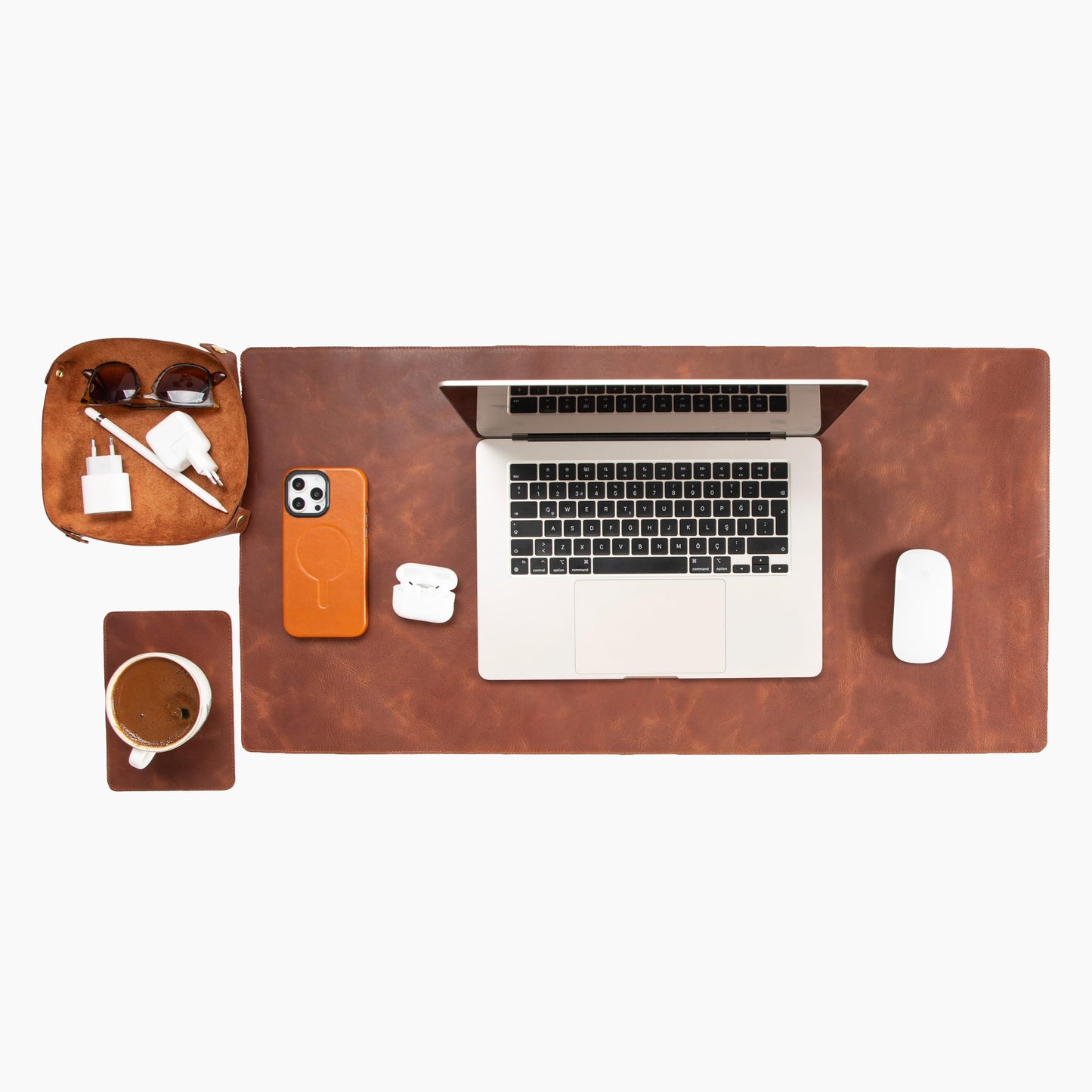 Node Leather - Genuine Leather Desk Mat (32" x 16"), Desk Organizer & Cup Coaster - Leather Office Set - Premium Handmade Office Accessories for Elegant Workspace - Brown