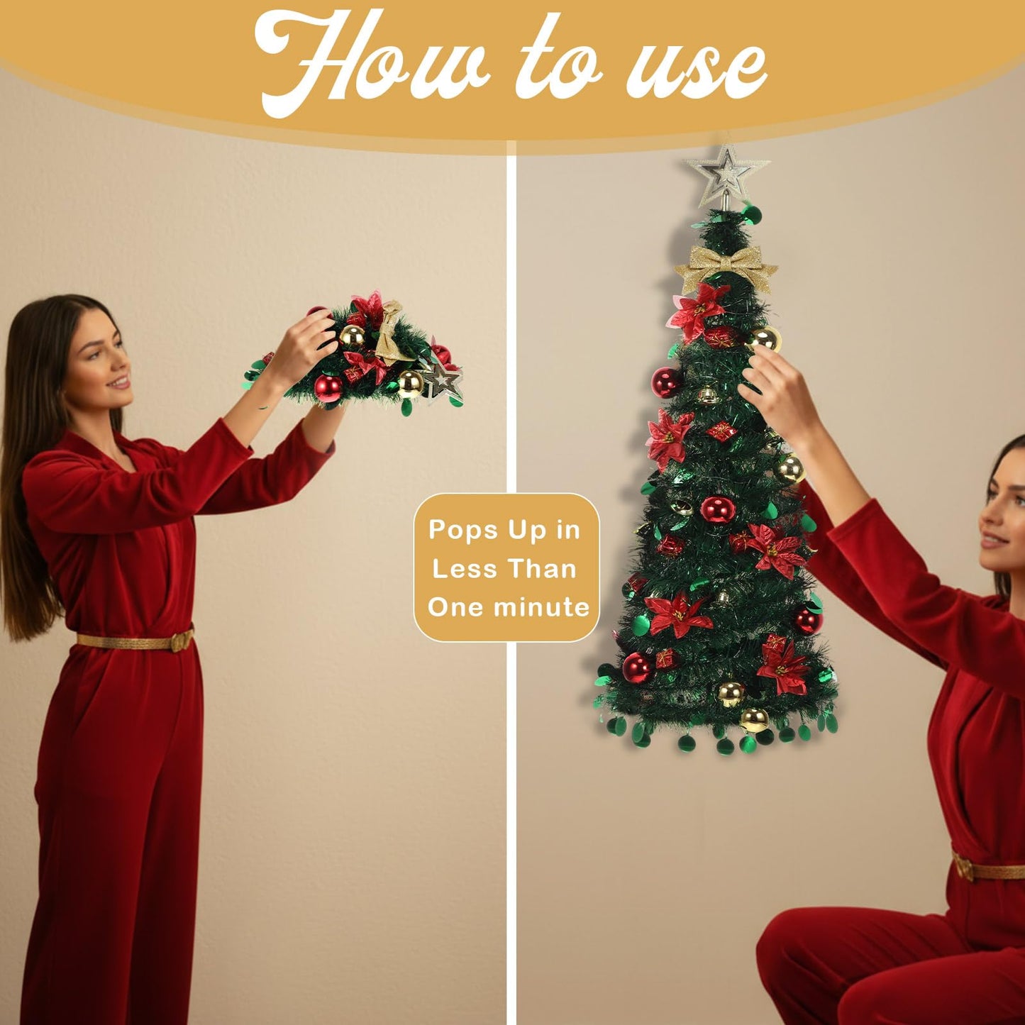 Suncalla Wall Christmas Tree with Lights 40inch, Artificial Wall Hanging Xmas Decoration with 50 LED String Lights, Saving-Space Door Hanging Xmas Tree Small Space Home School Office (Red Gold)