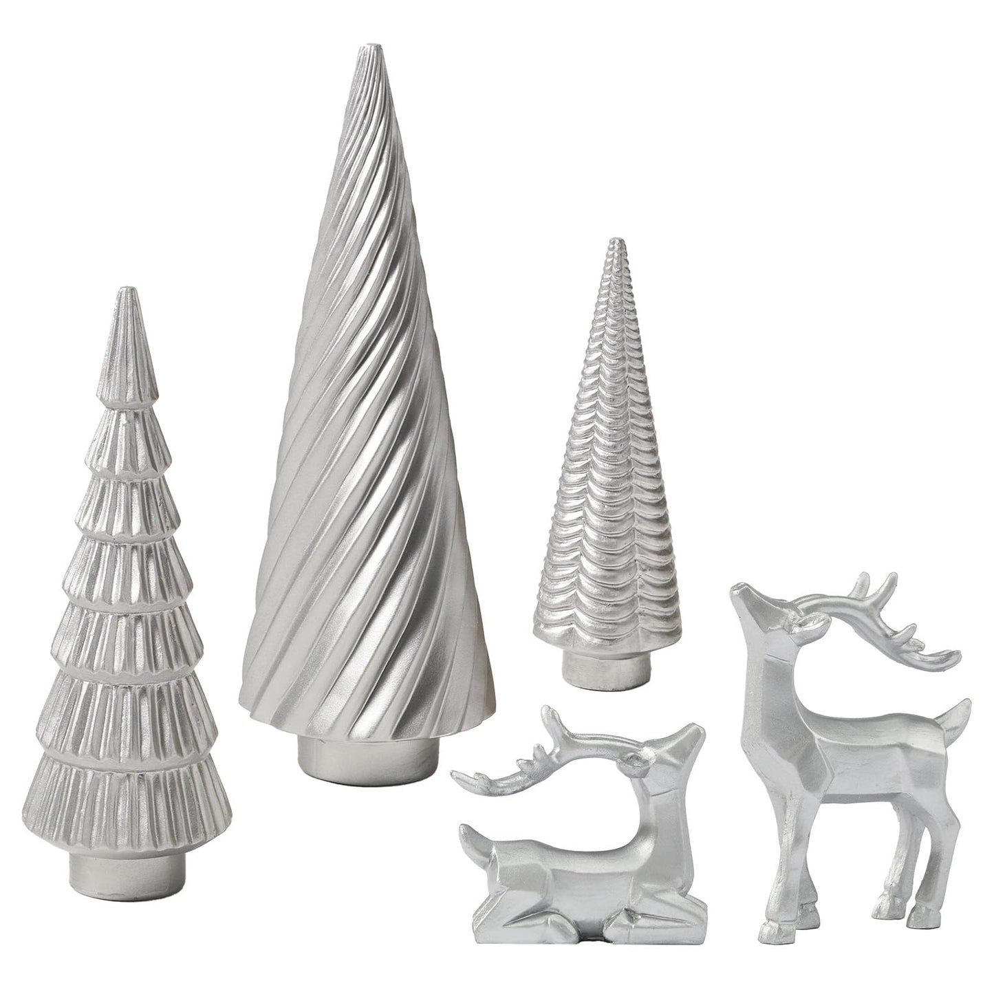 WDS WONDROUS Christmas Decor Trees and Reindeer Figurines Decoration- Sliver Set of 5 Christmas Tree Statues and Deer Decor Set, Resin Ornaments Tabletop Shelf Office Indoor