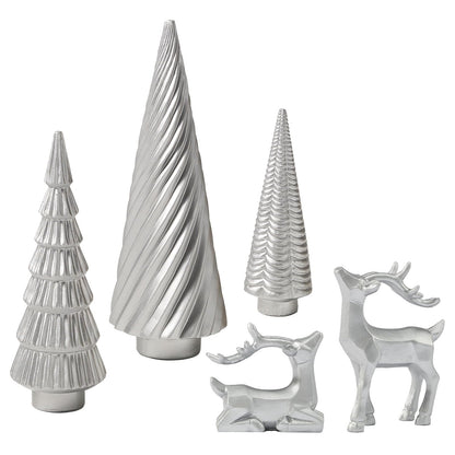 WDS WONDROUS Christmas Decor Trees and Reindeer Figurines Decoration- Sliver Set of 5 Christmas Tree Statues and Deer Decor Set, Resin Ornaments Tabletop Shelf Office Indoor