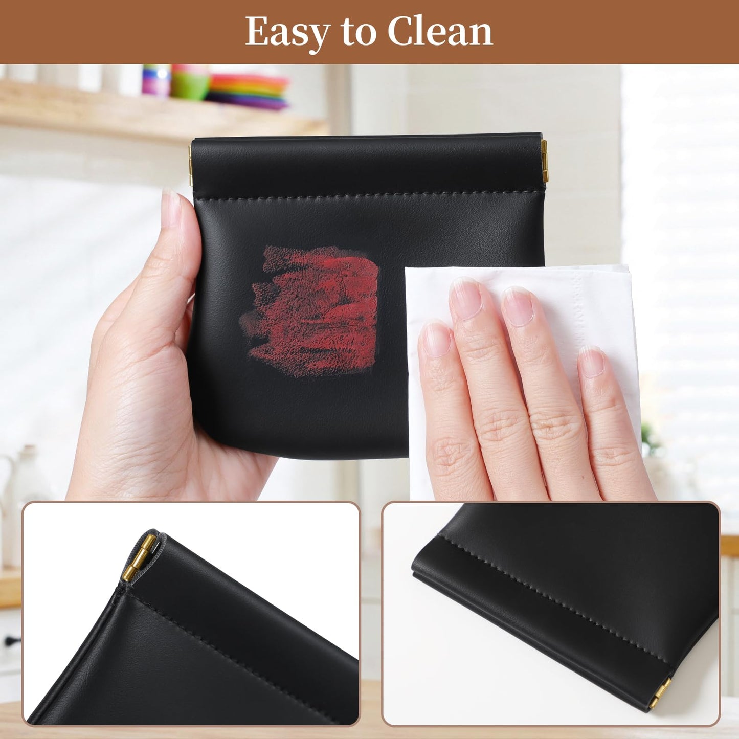 MEIBOOCH 2 Pack Small Makeup Bag for Women, New Organosilicon Super Fiber PU Leather Mini Cosmetic Bag for Travel, Coin Purse Organizer Storage Pouch (No Phrase Printed, Black)