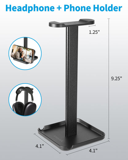 XMANA 2-in-1 Aluminum Headphone Stand & Phone Holder Rack - Sleek, Sturdy & Ergonomic Design Gaming Headset Stand for Desk Organization - Gamer Gifts (Black)