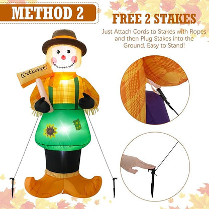 Jenaai 2 Pcs 6 Feet Fall Thanksgiving Harvest Inflatable Scarecrow Fall Harvest Inflatable Patio Decoration Autumn Blow up LED Lights Scarecrow for Outside, Front Door, Garden, Yard, Lawn
