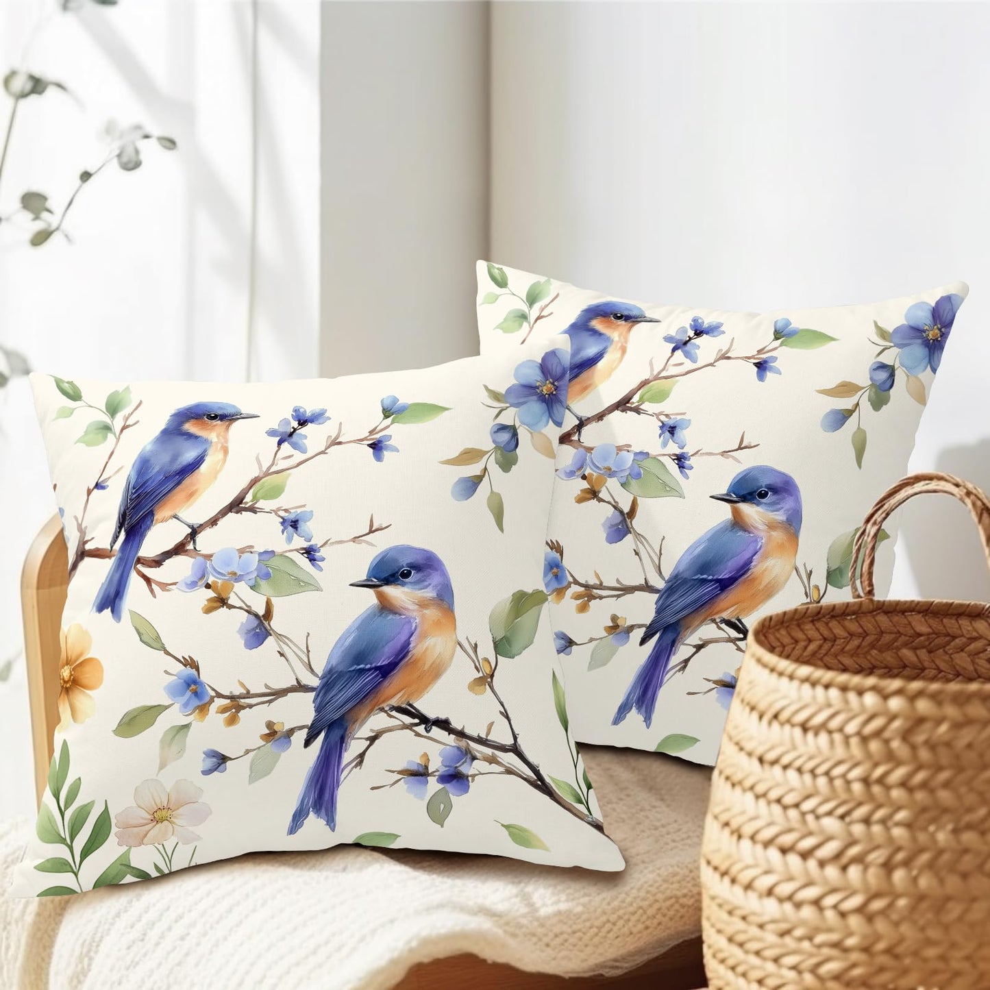 Spring Summer Pillow Covers 24x24 Inch Set of 2 Blue Floral Bird Decorative Outdoor Throw Pillows Yellow Green Flower Pillowcases Cotton Linen Cushion Cover for Sofa Bed Couch Home Decor