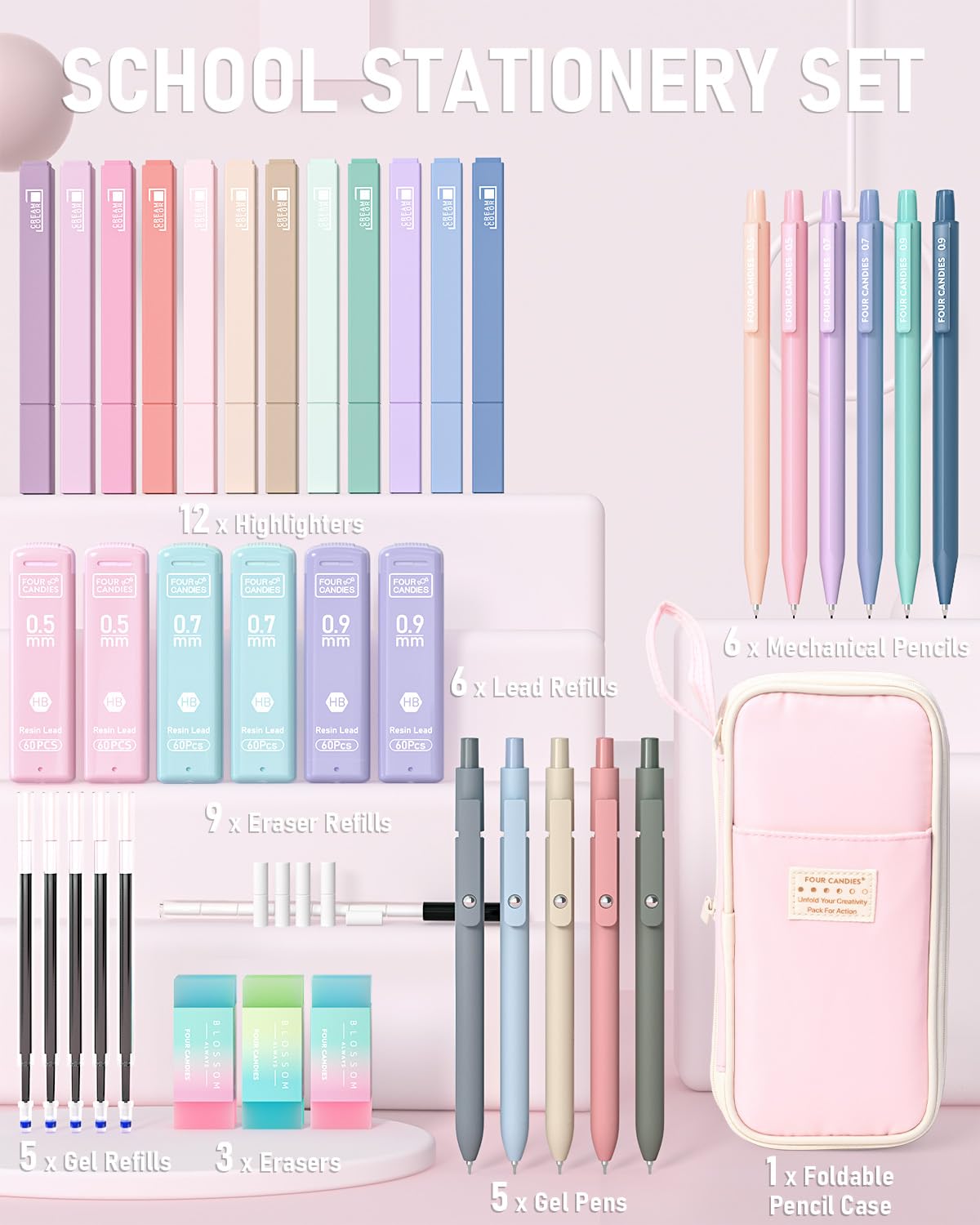 Four Candies 39 PCS Aesthetic School Supplies with Cute Pen Case, 12 Pastel Highlighters, 5 Black Ink Gel Pens, 6 Mechanical Pencils Set for Students Stationary College Essentials (Pink)