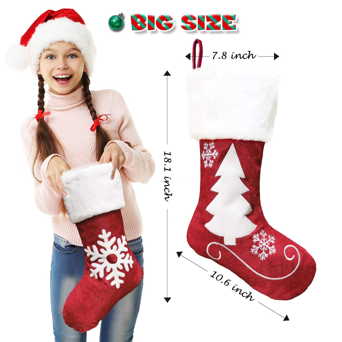 Christmas Stockings, 2 Pcs 18 inches Christmas Stockings, Burlap with Large Plush Cuff Stockings, for Family Holiday Xmas Party Decorations