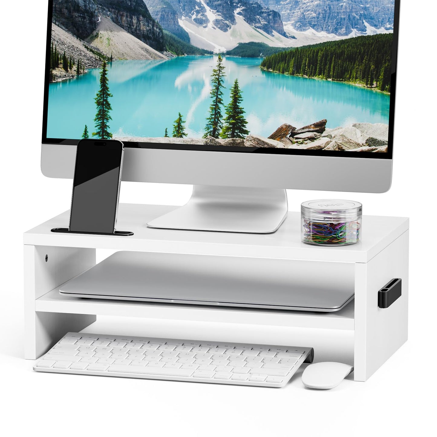 Marbrasse Monitor Stand Riser, 16.5 Inch 2 Tier Computer Printer Shelf Stand for Laptop Computer Screen Storage, Desktop Stand with Phone Holder and Cable Management (White)