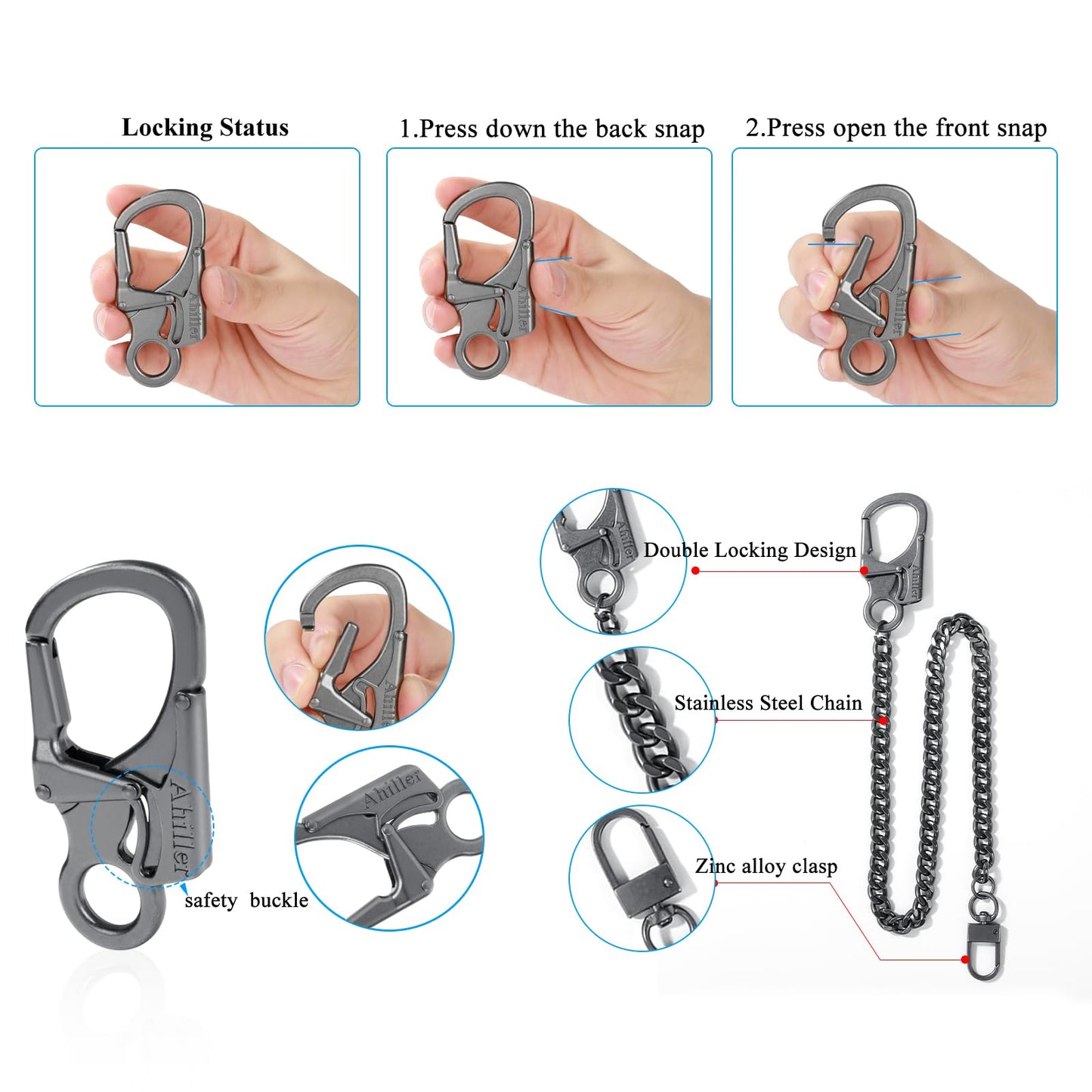 Ahiller Biker Wallet Chain, Heavy Duty Pocket Chain with Lockable Carabiner, Men Chains for Keys, Jeans, Pants, Purse and Handbag (P-Black-1PCS)