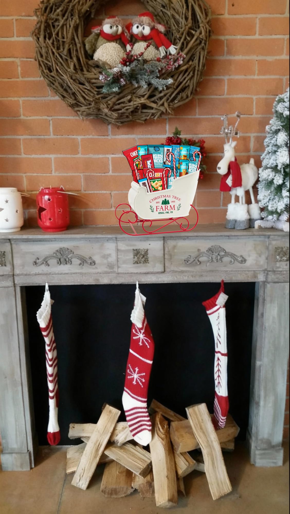 Christmas Gift Snack Care Package, 65 Count in Santa Sleigh Holiday Gift Basket for Christmas, Assorted Individually Wrapped Full Sized Candy Canes, Fruit Snacks and More, Candy Gift Basket for Adults