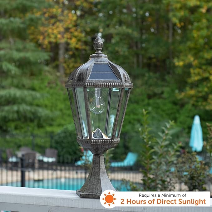Gama Sonic Outdoor Solar Post Light with Pier Base, Weathered Bronze Finish Aluminum and Beveled Glass, Royal Bulb 150 Lumens Warm White LED, Mount on Column or Flat Surface 98B311, Upgraded Panel