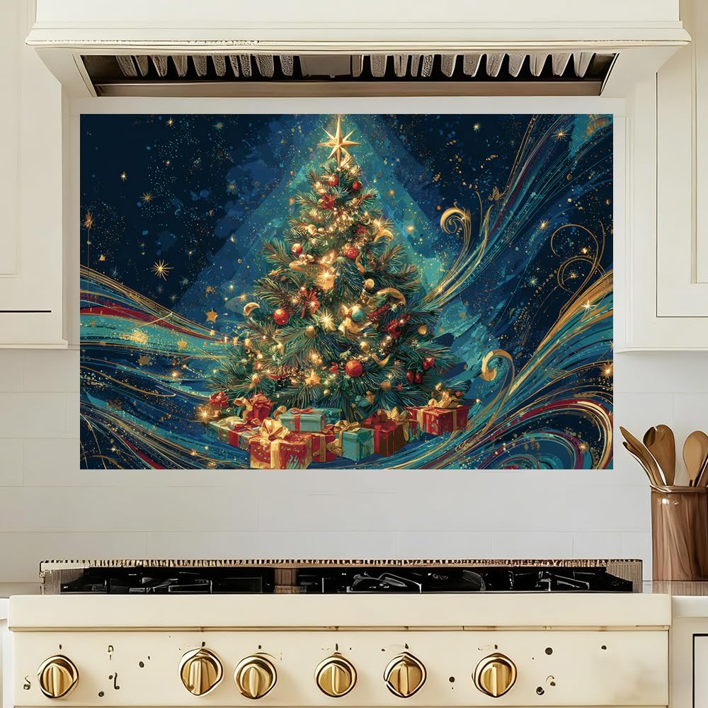 Kitchen Wall Decals 35.5x23.6 Inch Christmas Tree with Ornaments and Gift Boxes Golden Lights Peel and Stick Wall Stickers for Kitchen Living Room Holiday Home Decoration Removable