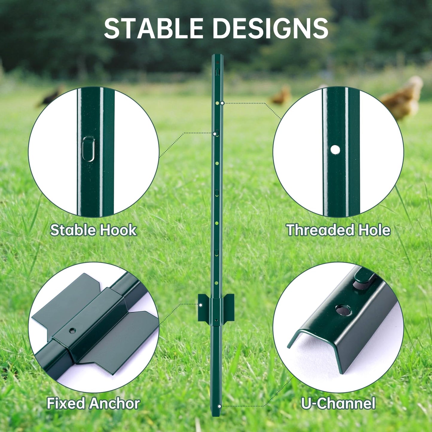URBANVISTA 10 Pack Metal Fence Posts, 3 FT Heavy Duty U-Post, Green Garden Stakes, No-Dig Post Anchors for Wire Fences, Temporary Fencing, Electric Fence, and Corner Support