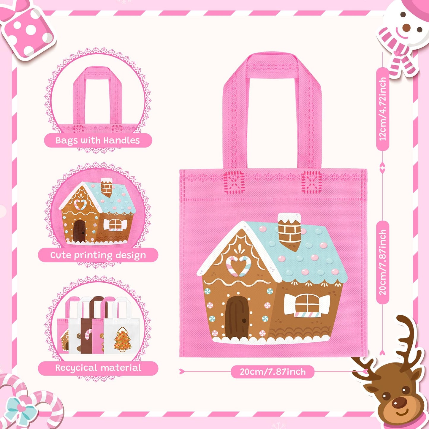 K KUMEED 20Pcs Christmas Party Favor Bags,Gingerbread Man Theme Party Gifts Bags Reusable Pink Candy House Birthday Party Bags with Handles for Girls Christmas Party Supplies Baby Shower
