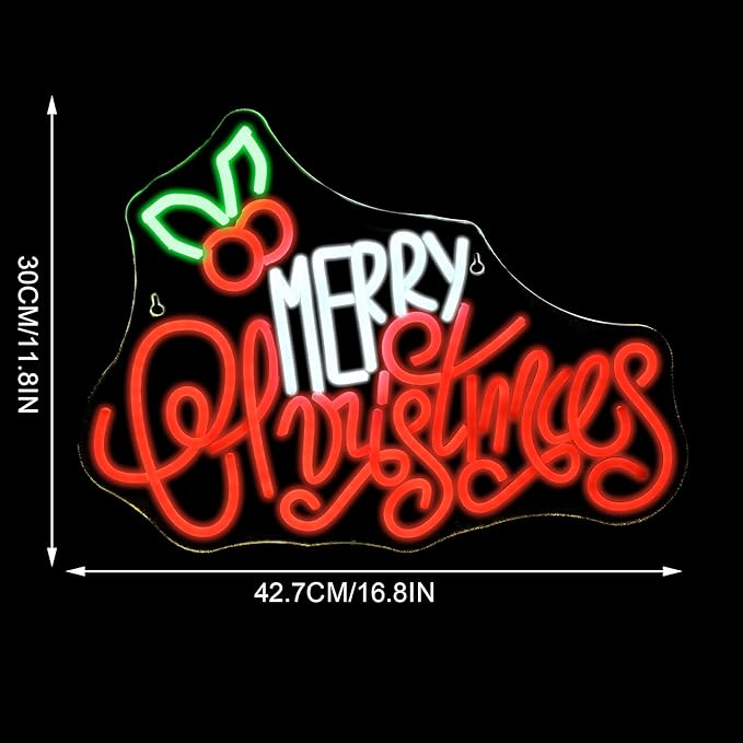 Merry Christmas Neon Sign, LED Sign XMAS Holly Berries for Christmas Decor, Holiday Wall Decoration, USB Powered, Adjustable Brightness