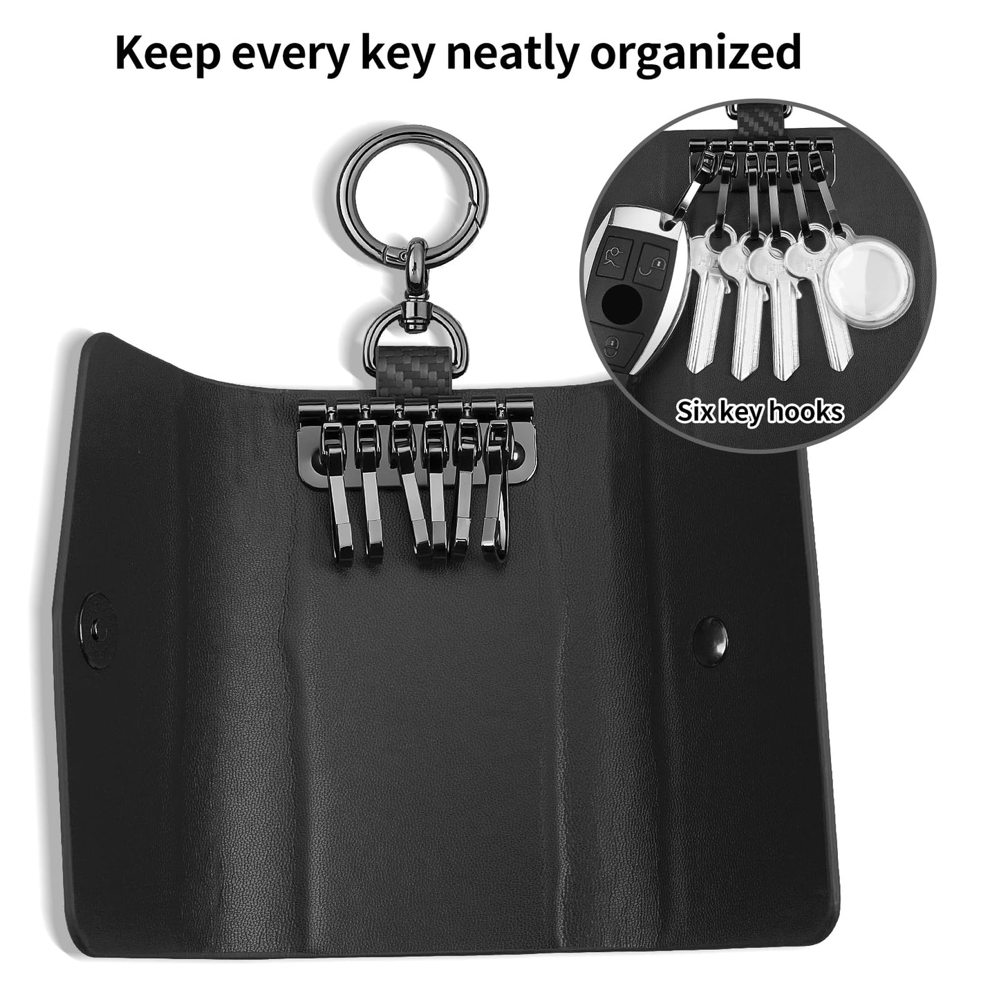 Leather Key Holder Wallet with 6 Hooks, Carbon Fiber Pattern Portable Keychain Pouch for Men, Women