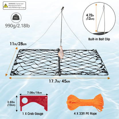 QualyQualy 4 Set Castable Crab Trap Kit, Foldable Crabbing Net with Rope & Bait Clip, Crab Snare/Pots/Traps for Blue Crabs, Dungeness, Crawfish Portable Crabbing Equipment